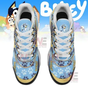 A top-down view of Bluey-themed sneakers with paw prints and Bluey character designs.