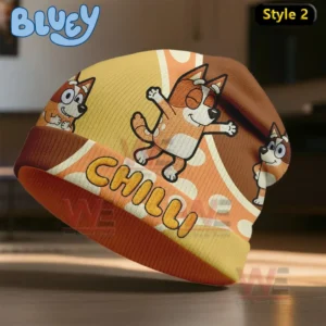Orange themed beanie with multiple illustrations of an orange cartoon dog in happy poses.