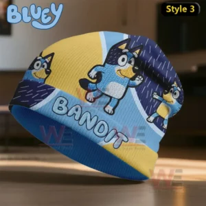 Blue and yellow beanie featuring energetic drawings of a blue cartoon dog.