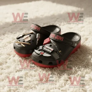 Bon Jovi Crocs Clogs with Charms 6 Bon Jovi Crocs shown on a soft rug with charms inspired by music and concert themes illuminated by warm sunlight!