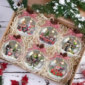 Christmas ornaments featuring Bon Jovi and the Grinch in a decorative gift box with red ribbons and pinecones.