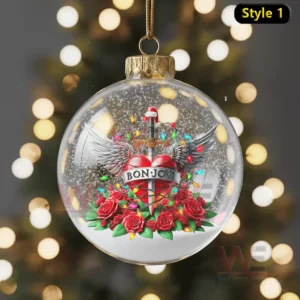 Christmas ornament featuring Bon Jovi logo with wings heart and sword decorated with roses and holiday lights.