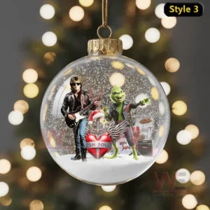 Christmas ornament with the Grinch and guitarist performing next to Bon Jovi logo in a snowy festive setting.