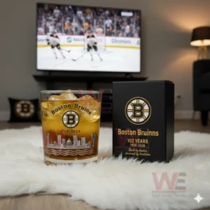 A Boston Bruins glass with golden drink and ice on a white rug with the team logo box beside it and a hockey game on TV in the background!