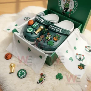 Boston Celtics-themed Crocs with basketball accessories, inside a green box.