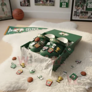 Boston Celtics Crocs Crocband Clogs With Charms 6 Green Boston Celtics clogs in an open box on a white furry rug surrounded by basketball charms!