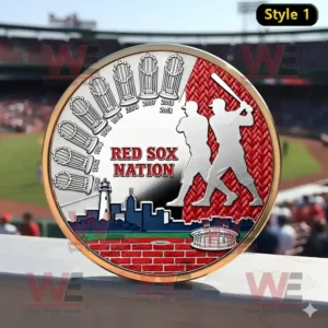 Red Sox Nation commemorative coin with silver player figures, trophy engravings, red background, and city skyline in detailed metalwork.