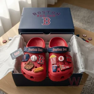 Boston Red Sox themed red Crocs with assorted charms neatly placed in blue packaging with branded lid!