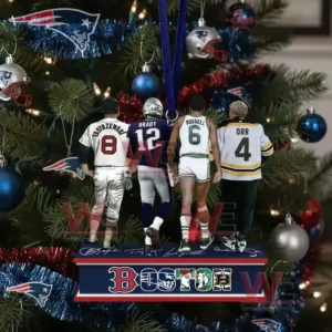 Boston sports legends Christmas ornament with four figurines on a Patriots-themed Christmas tree.