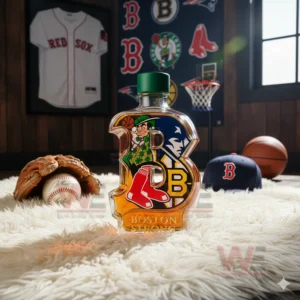 A bottle shaped like a bold B displaying Boston sports symbols positioned on a white rug surrounded by various sports items!