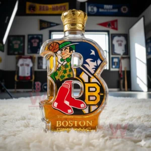 A decorative bottle shaped like a B featuring Boston team symbols displayed on a white rug in a room full of sports memorabilia!