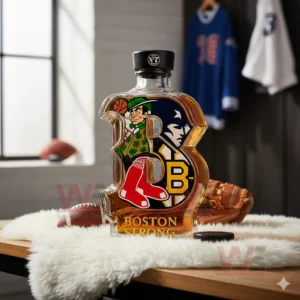 A B shaped bottle featuring Boston sports imagery set on a soft surface with athletic items behind it!