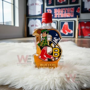 A bottle shaped like a B with Boston themed graphics positioned on a plush rug with sports decor covering the walls!