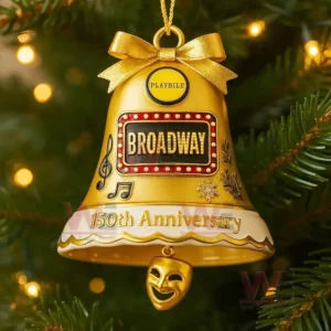 Golden bell shaped Broadway 150th Anniversary Christmas ornament with a theater theme and musical decorations hanging on a Christmas tree branch!