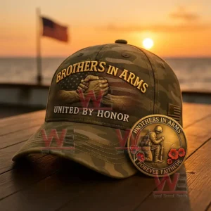 A camouflage hat embroidered with Brothers in Arms United by Honor placed near a bronze coin with Brothers in Arms Forever Faithful against a sunset backdrop with an American flag.