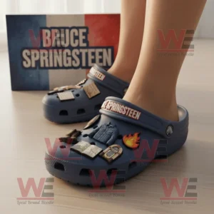 Bruce Springsteen Crocs Clogs with Charms 8 Bruce Springsteen Crocs worn by a person emphasizing the musical and cultural charm details with the logo box in the background!