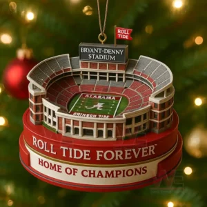Miniature Bryant Denny Stadium Christmas ornament with Alabama Crimson Tide colors hanging on a Christmas tree branch!```