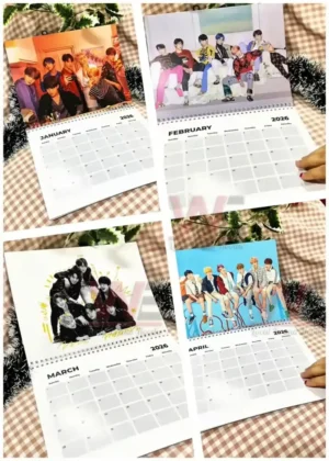 BTS 2026 calendar pages for January to April presenting cheerful group photos with lively colors and casual outfits!