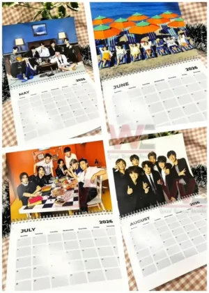 BTS 2026 calendar pages for May to August featuring the group in cozy indoor sets summer beach settings and friendly casual moments!