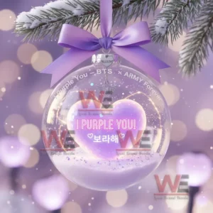 A collage of six BTS Christmas ornaments showing a mix of concert stage purple rose heart ticket and BT21 designs labeled with style numbers.