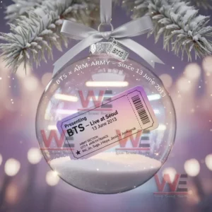 A BTS Christmas ornament showing a purple glowing heart with I Purple You text inside a glass sphere tied with a lavender ribbon on a snowy branch.
