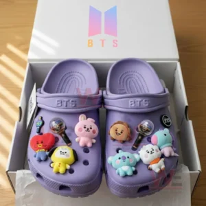 BTS Band Crocs Crocband Clogs 5 BTS-themed Crocs in a white box with BT21 character charms.