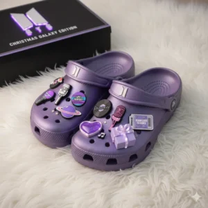 BTS Crocs Clogs with Charms 6 Purple Crocs with BTS design beside branded box on white fur background!