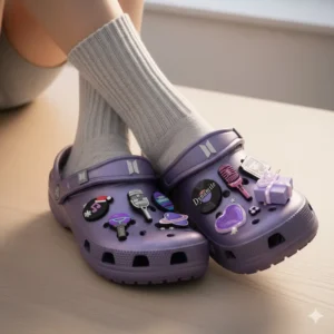 BTS Crocs Clogs with Charms 8 Purple Crocs with BTS charms worn with white socks indoors!
