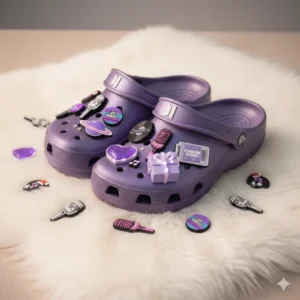 Purple Crocs with BTS charms arranged on a fluffy white mat!