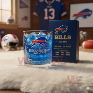 A close view of a blue Buffalo Bills anniversary glass with ice next to a themed box surrounded by football items!
