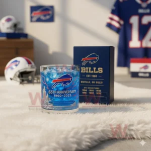 Buffalo Bills 1960-2026 65th Anniversary Whiskey Glass 4 A clear view of an ice filled Buffalo Bills anniversary glass next to a matching box in a well lit sports room!