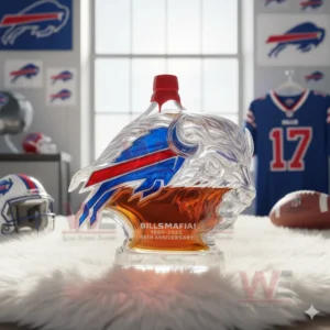 Buffalo Bills buffalo head bottle displayed among football themed items in a bright room!
