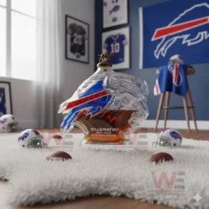 Buffalo Bills buffalo head bottle on a white rug with helmets and football decor!