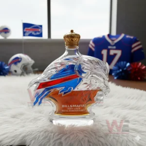 Buffalo Bills themed buffalo head bottle with gold cap surrounded by team items!