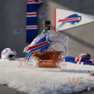 Buffalo Bills buffalo head bottle surrounded by team decorations on a white rug!