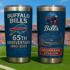 Buffalo Bills 65th anniversary 1960-2025 tumblers with team logo and Highmark Stadium design placed on a football field.