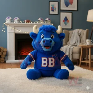 Blue buffalo plush toy wearing a Buffalo Bills shirt sitting on a rug in front of a fireplace in a cozy room.