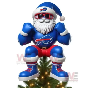 Buffalo Bills Santa Claus in blue outfit sitting on a decorated Christmas tree with lights.