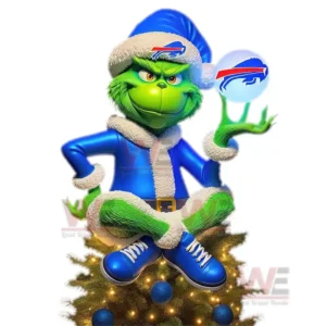 Grinch in blue Buffalo Bills outfit sitting on a Christmas tree holding a glowing ball.