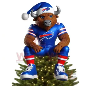 Buffalo Bills mascot in blue uniform sitting on a glowing Christmas tree.