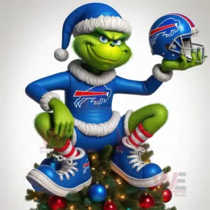 Grinch in blue Buffalo Bills clothes sitting on Christmas tree holding team helmet.
