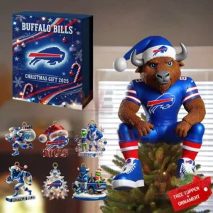 Buffalo Bills Christmas set with mascot tree topper and themed ornaments.