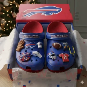 Buffalo Bills Crocs presented inside an open box with team colors and festive surroundings.