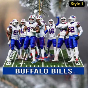 Buffalo Bills football players in blue and white uniforms standing on a decorated football field platform.