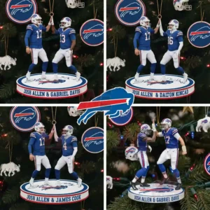A collage of four football themed holiday ornaments each with two blue uniformed figures high fiving on circular bases with team icons in the background!