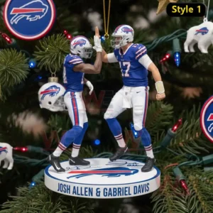 Two blue uniformed football figures high fiving on a round ornament base labeled Style one!