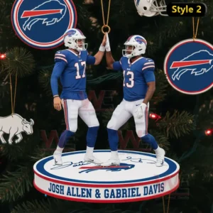 Two blue uniformed football figures high fiving on a round ornament base labeled Style two!