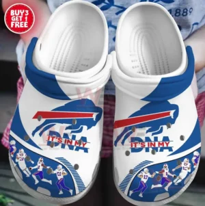 White Crocs with Buffalo Bills logo and the phrase Its In My DNA decorated with small player graphics.