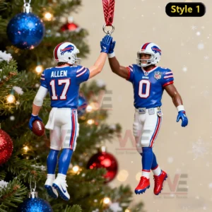 A Christmas ornament featuring two Buffalo Bills players performing a celebratory gesture while hanging on a decorated tree!