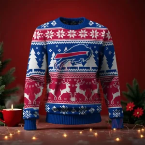 Buffalo Bills NFL Christmas Ugly Sweater 2025 3 Buffalo Bills Christmas sweater front view featuring the team logo and holiday themed patterns of snowflakes trees and reindeer!